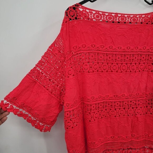 Plus Size Blouse Embroidered Crochet Crewneck Sheer 3/4 Sleeve 2XL Womens Red - Picture 8 of 12